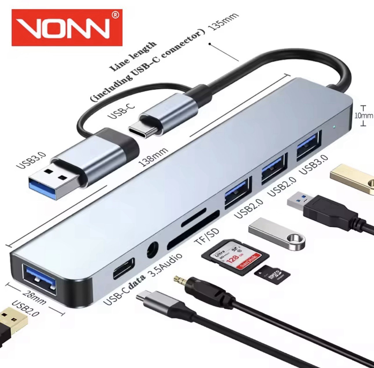 8-in-1 USB-C Hub with SD/TF Card Reader, USB 3.0/2.0, Docking Station A
