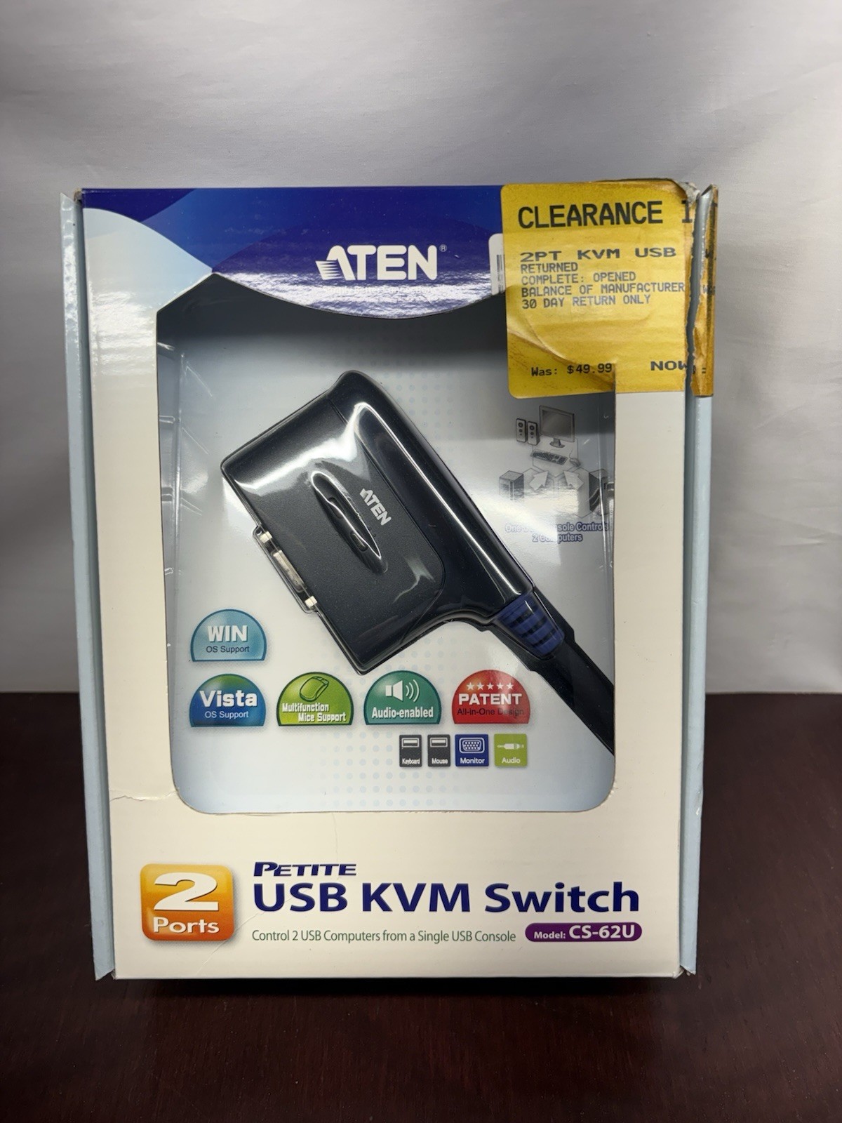 Open Box Aten Petite 2-Port USB KVM Switch CS-62U 1.8m Video Audio Cable