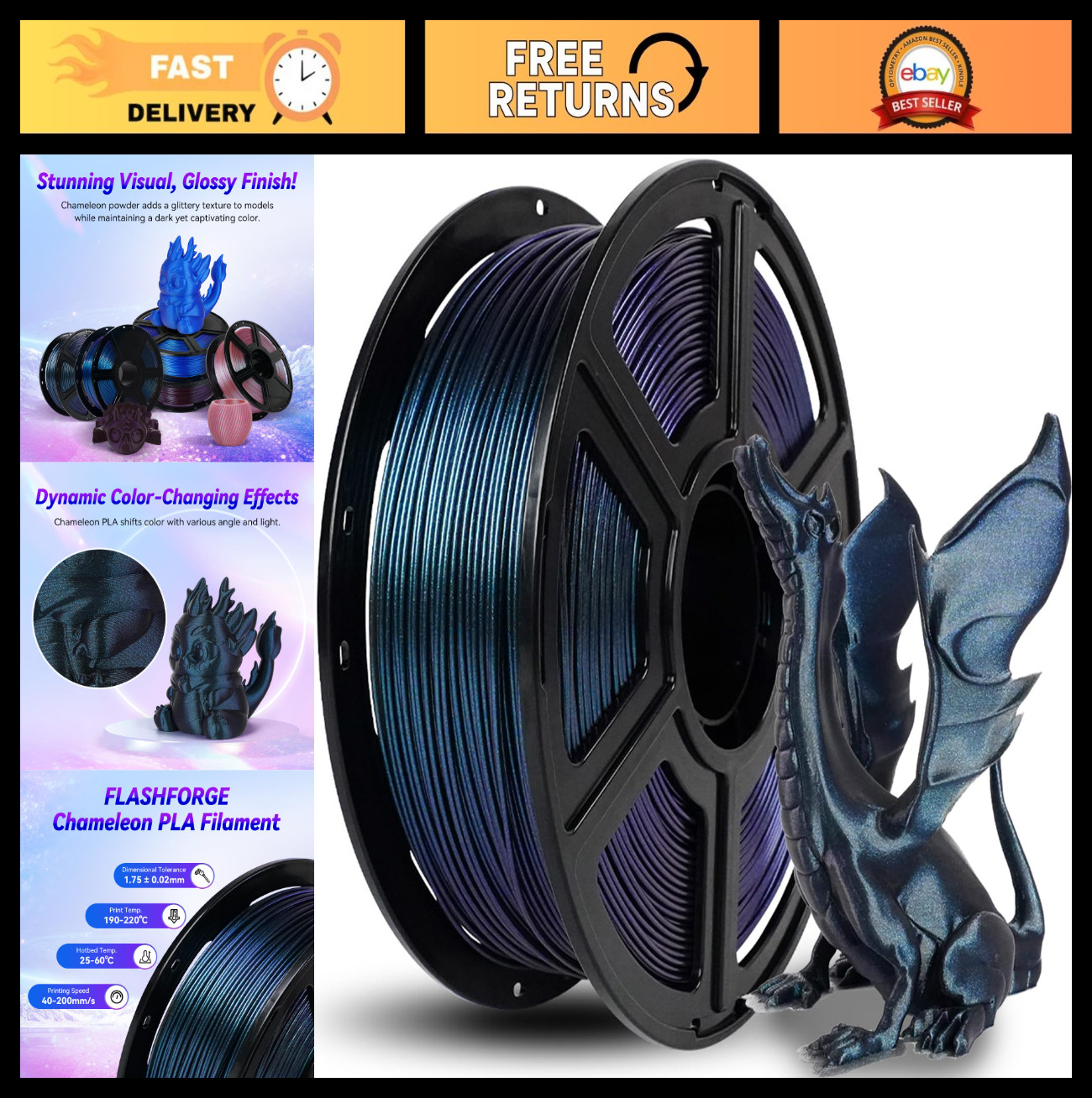Chameleon PLA Color Shift 3D Printer Filament 1.75mm, 1KG Spool, Dimensional Acc