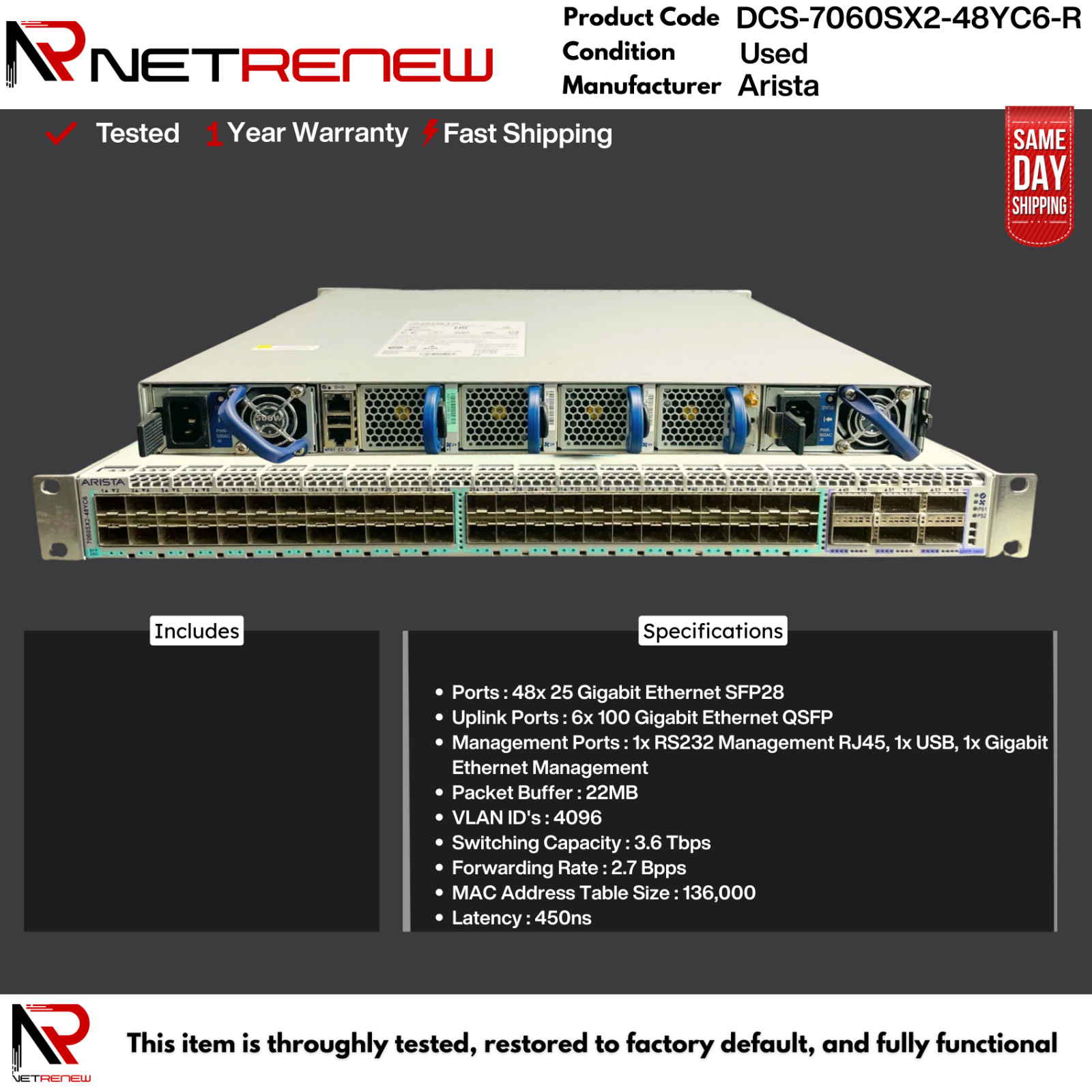 DCS-7060SX2-48YC6-R Arista  6x 100GbE Switch 48x25G SFP  2x AC
