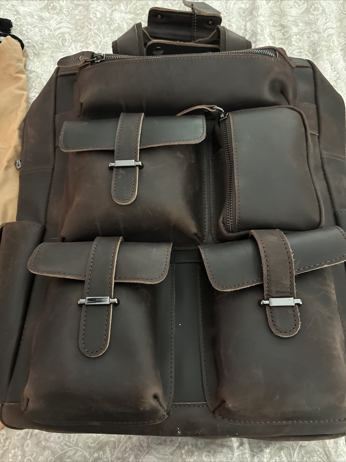 Polare Cowhide Leather Multiple Laptop Backpack Day pack Travel Dark Brown 