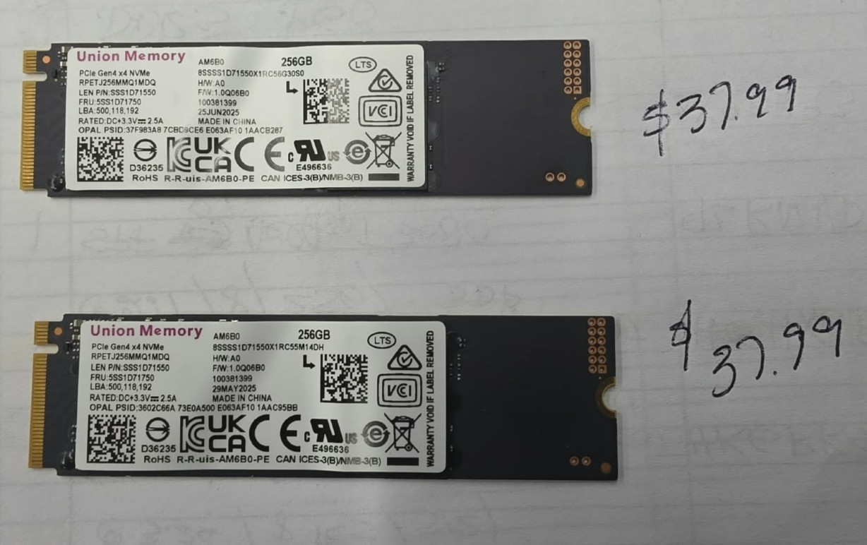 Union Memory 256GB AM6B0 NVMe M.2 PCIe Gen4x4  RPETJ256MMQ1MDQ 2025