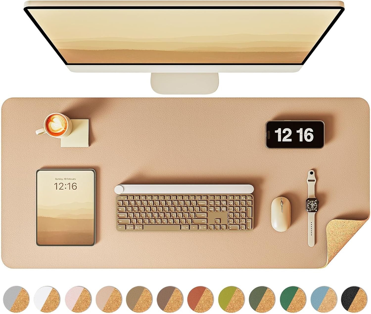YSAGi Double-Sided Desk Pad, 35.4"x17"Leather Desk Mat, Waterproof Apricot Cork