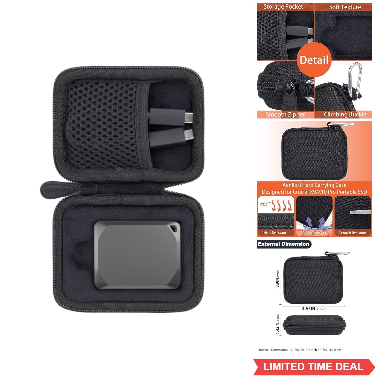 Hard Carrying Case Portable SSD 1TB 2TB 4TB USB Cable Mesh Pocket Water