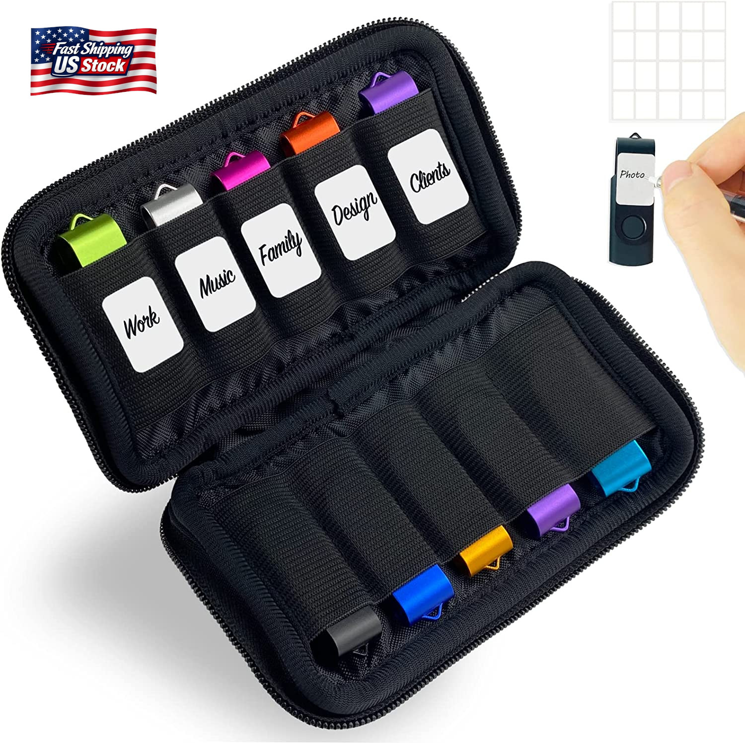 JBOS USB Flash Drive Case, 10-Slot Thumb Drive Organizer, 20 Labels, Black