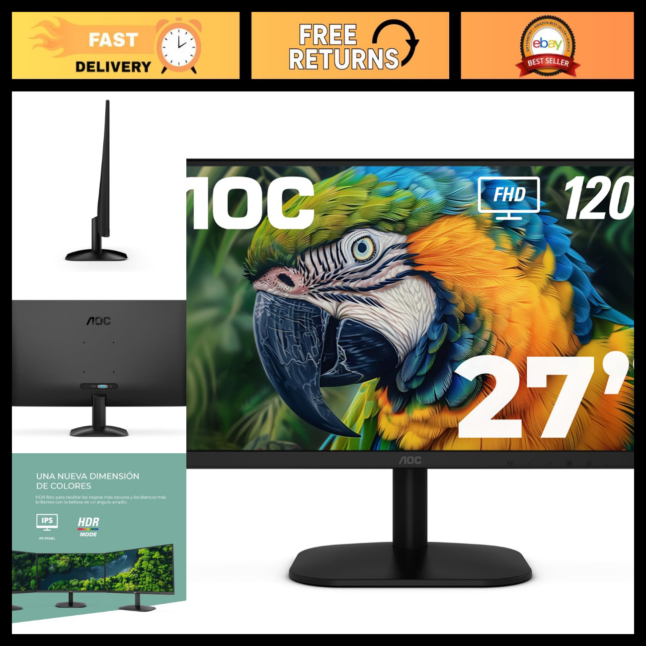 27" FHD Computer Monitor, 120Hz Fast IPS, HDR, Gaming Display, Ultra-Slim Design