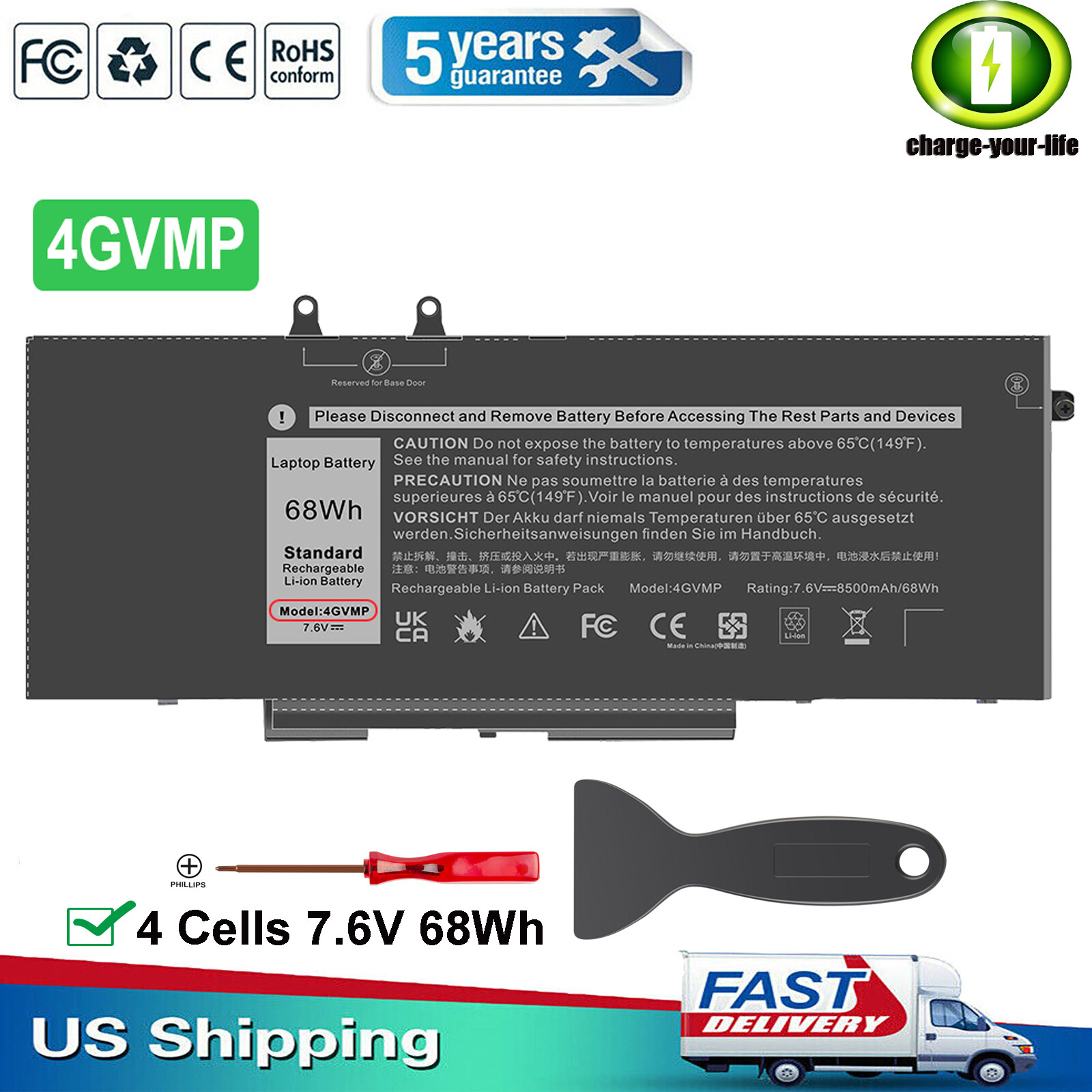 4GVMP Battery For Dell Latitude 5400 5500 Precision 3540 9JRYT C5GV2 Laptop 68Wh