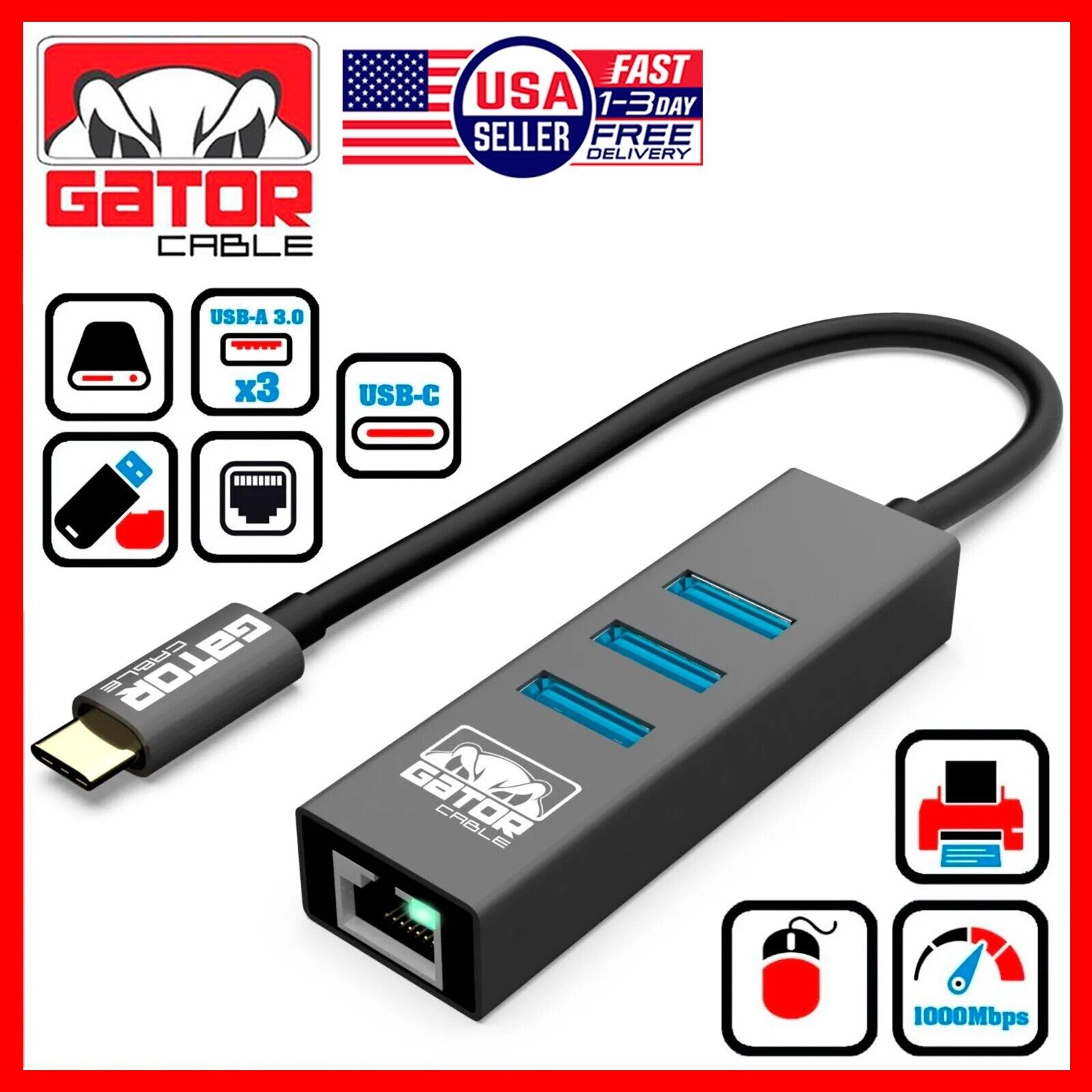 USB-C 3.1 Gigabit Ethernet LAN RJ45 1000Mbps Network Adapter 3-Port HUB PC Mac