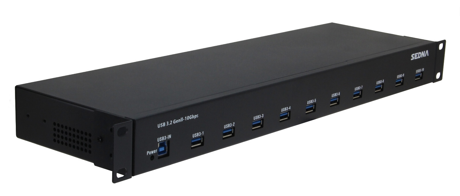 SEDNA - 19 Inch 1U Rack Mount 10 Port USB 3.2 Gen 2 Hub (10Gbps) -5V 10A Adapter