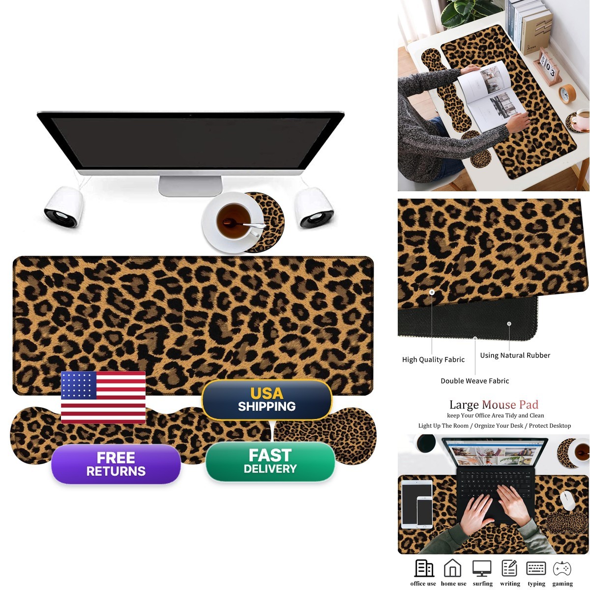 RVHOEZZM 4 in 1 Gaming Mouse Pad Keyboard Wrist Support Rest Coaster Leopard