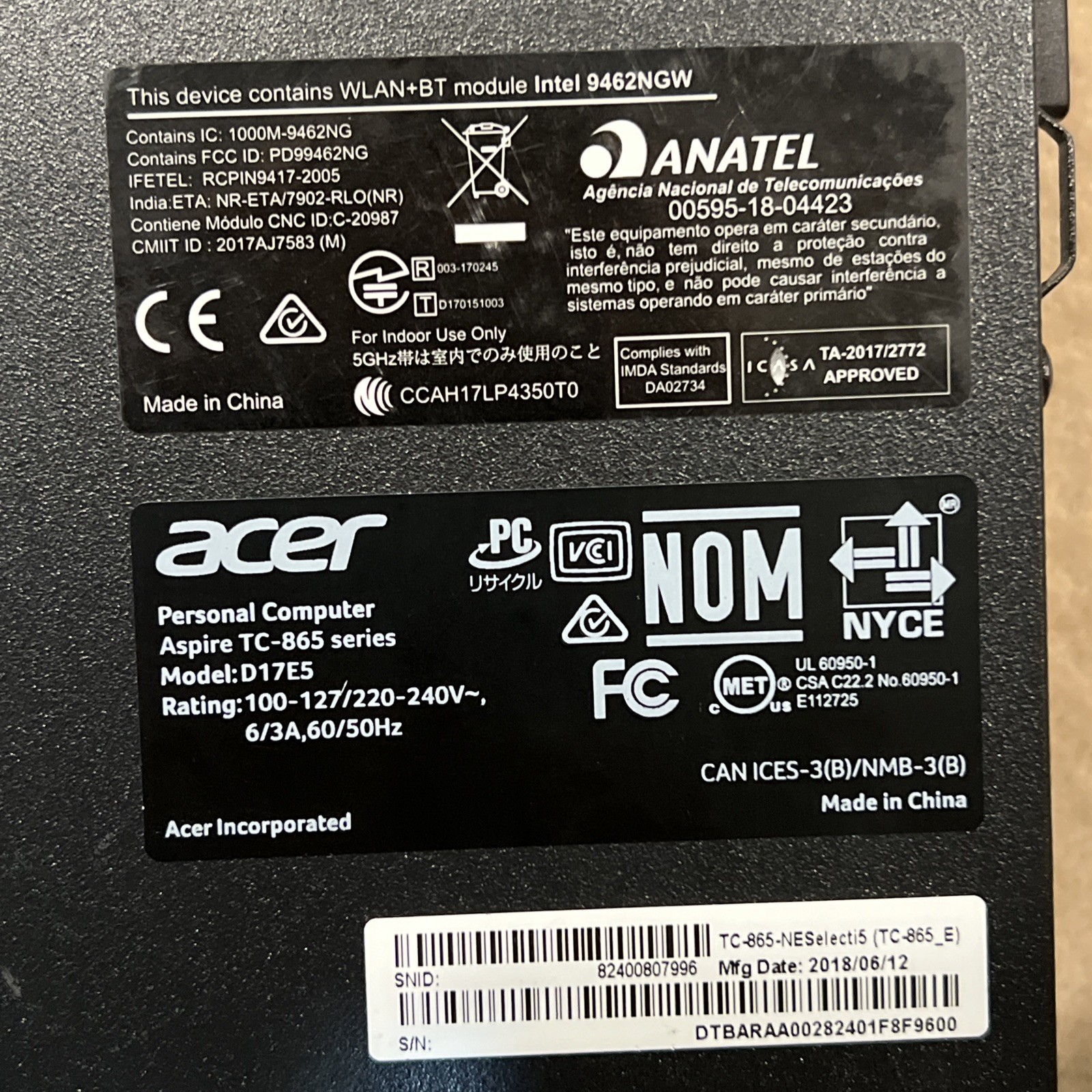 Acer Aspire TC-865 D17E5 Untested For Parts Only $700