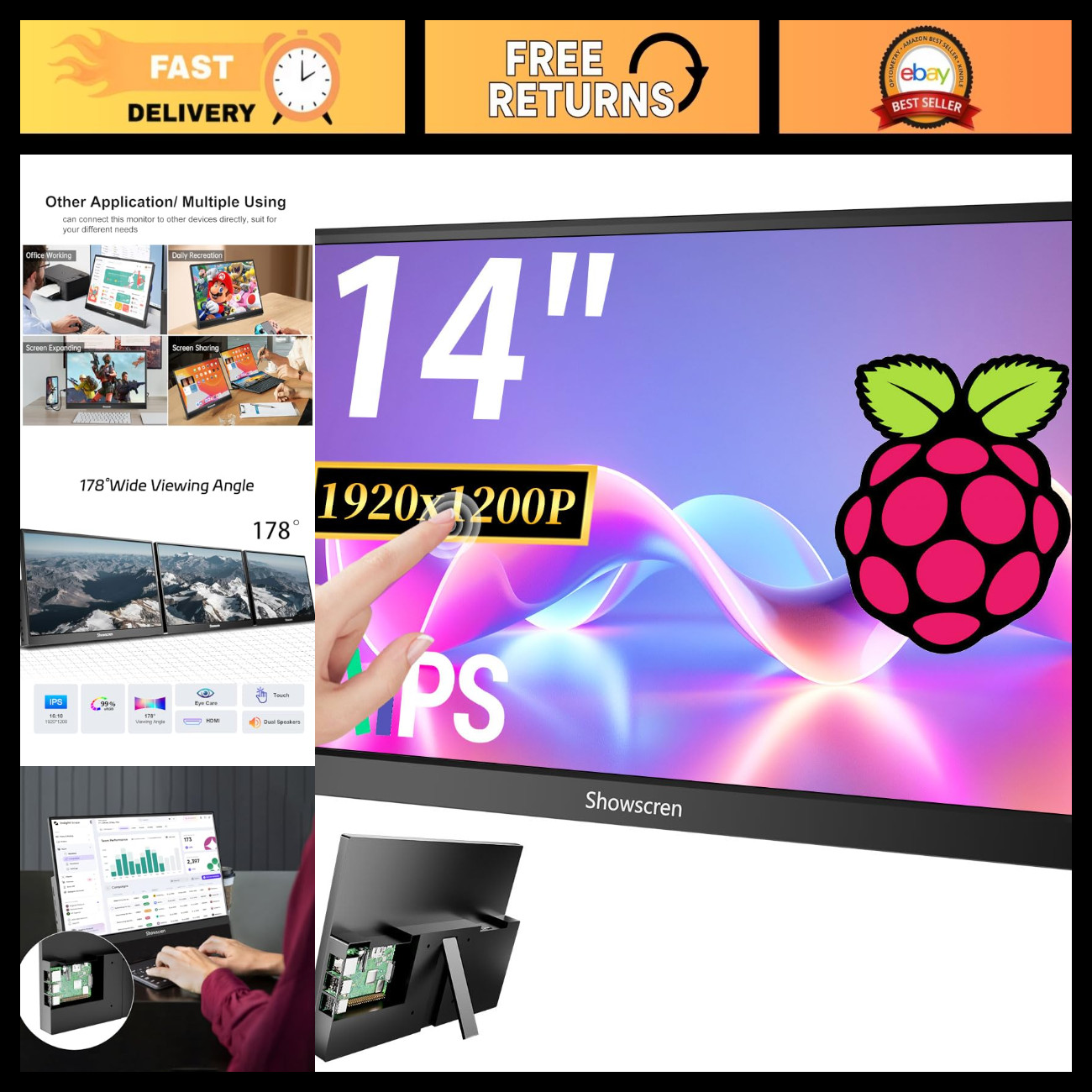 14" IPS Touchscreen Monitor for Raspberry Pi 5/4B/3B+/3B - HDMI, Portable Displa