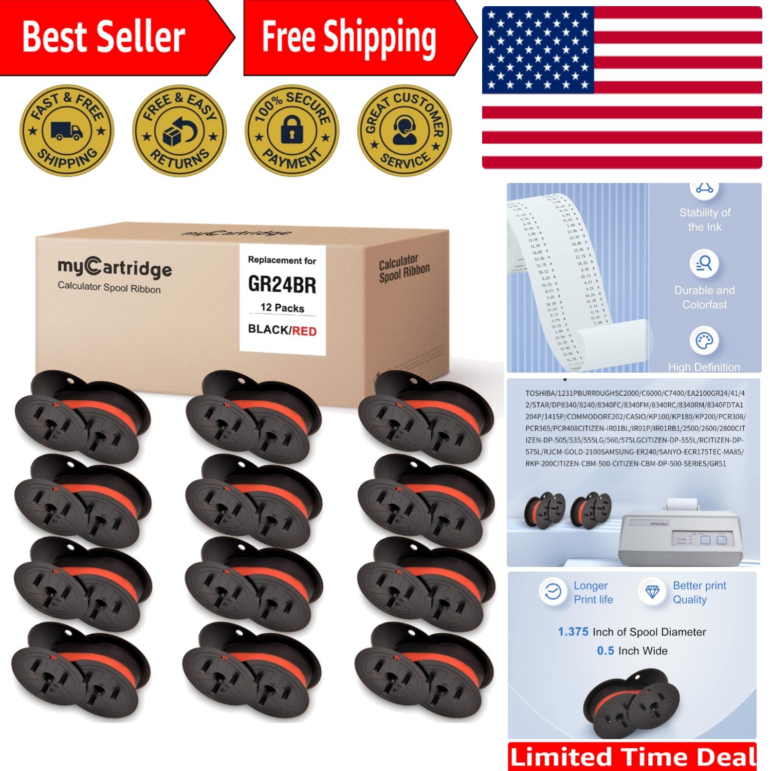 12-Pack Porelon GR24 Twin Spool Ink Ribbon -  Quality for Sharp Printers