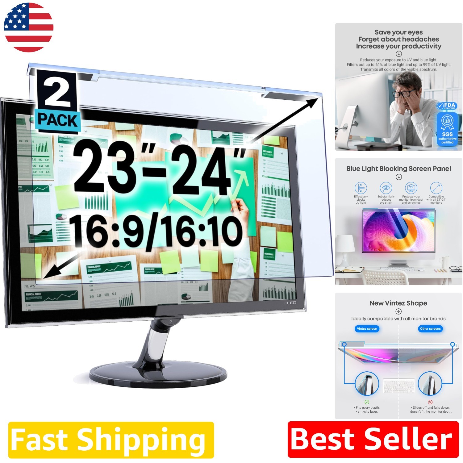 Anti-UV Blue Light Screen Protector 23-24" Monitor, Eye Strain Relief 2-Pack
