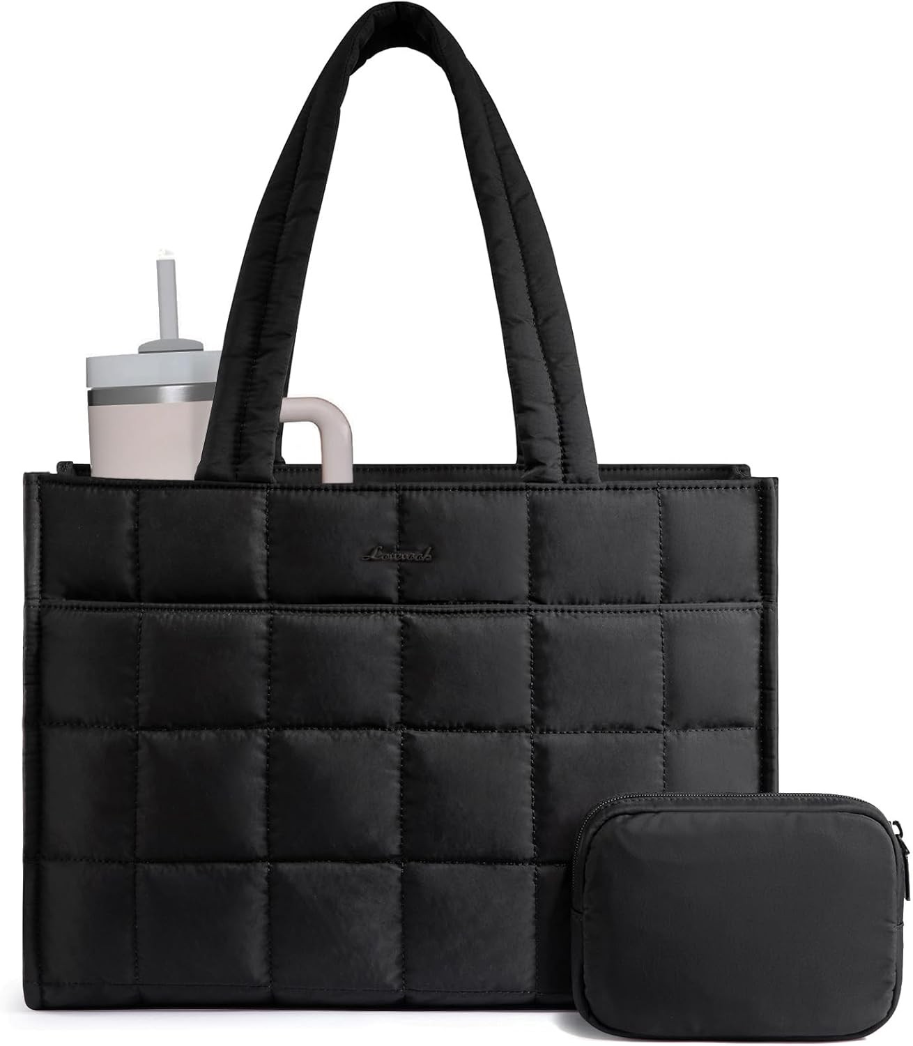 Large Quilted Tote Bag for Women, Puffer Work Handbag 15.6" Laptop Purse, Black