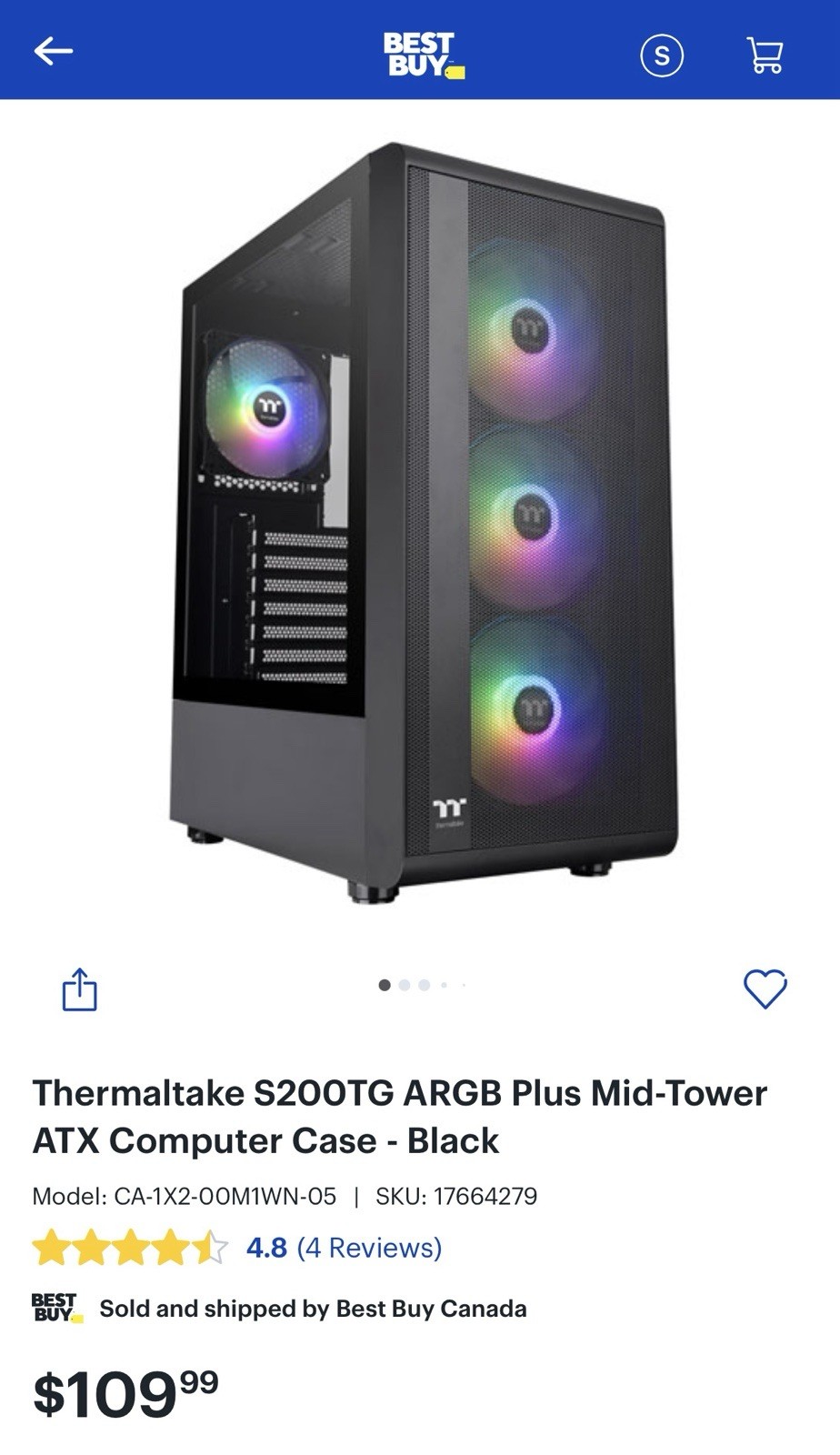 Thermaltake S200TG ARGB Plus Mid-TowerATX Computer Case - Black