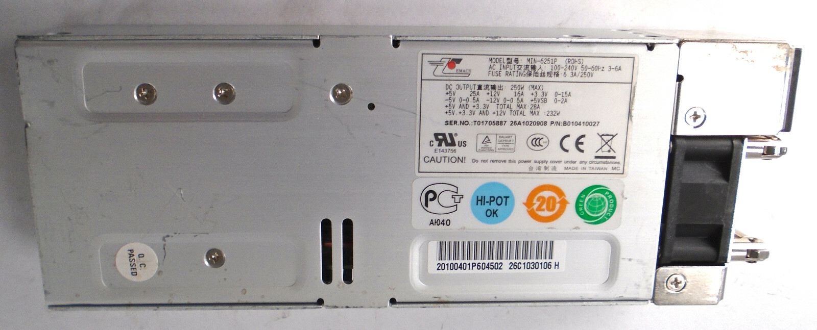 Emacs MIN-6251P 250W Hot Swap Power Supply