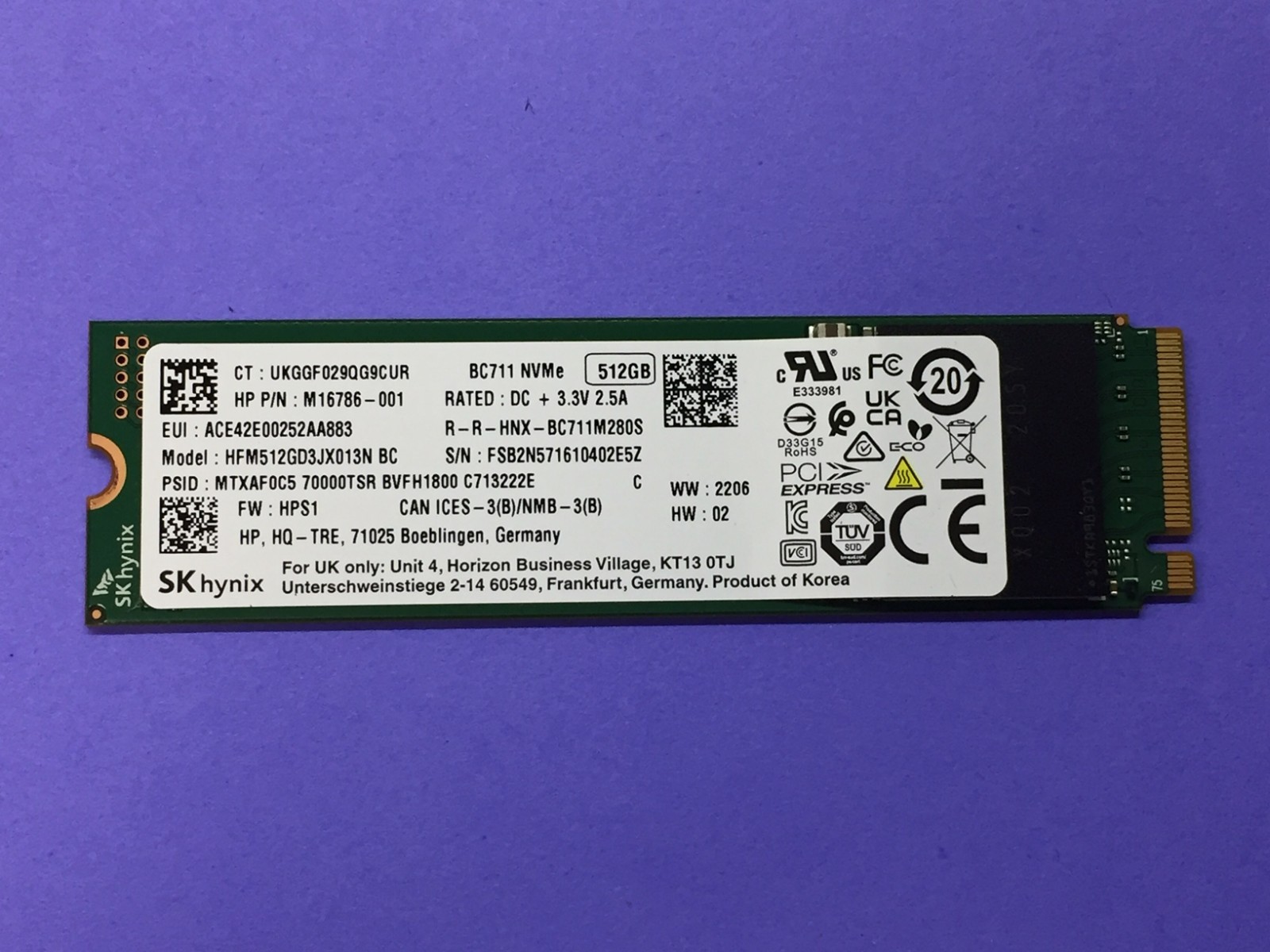 SK Hynix 2280mm BC711 512GB M.2 NVMe Gen 3.0 x 4 SSD HFM512GD3JX013N SSD