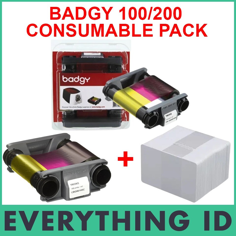BADGY 100/200 CONSUMABLE PACK CBGP0001C 100 PRINT COLOUR RIBBON + 100 PACK CARDS