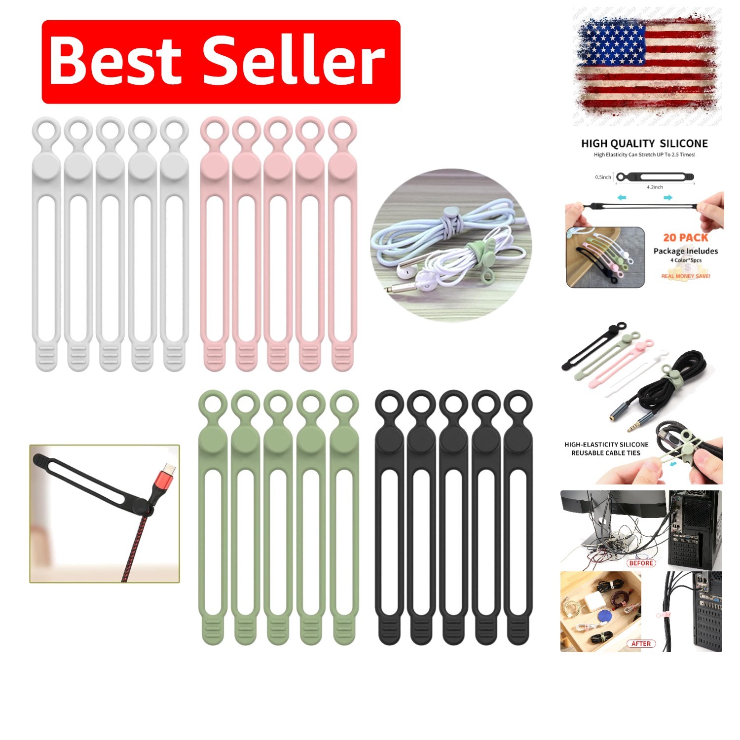20Park] Silicone Cable Ties,Reusable Cable Management Organizer, Multipurpose...