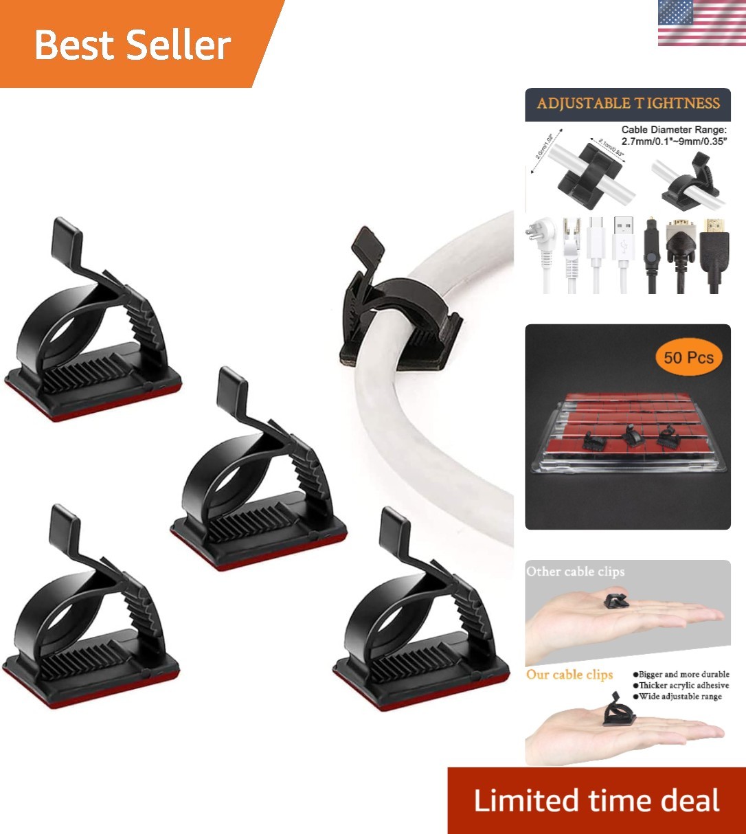 Adjustable Cable Holder Clips - 50Pcs, Perfect for Home and Office Organization