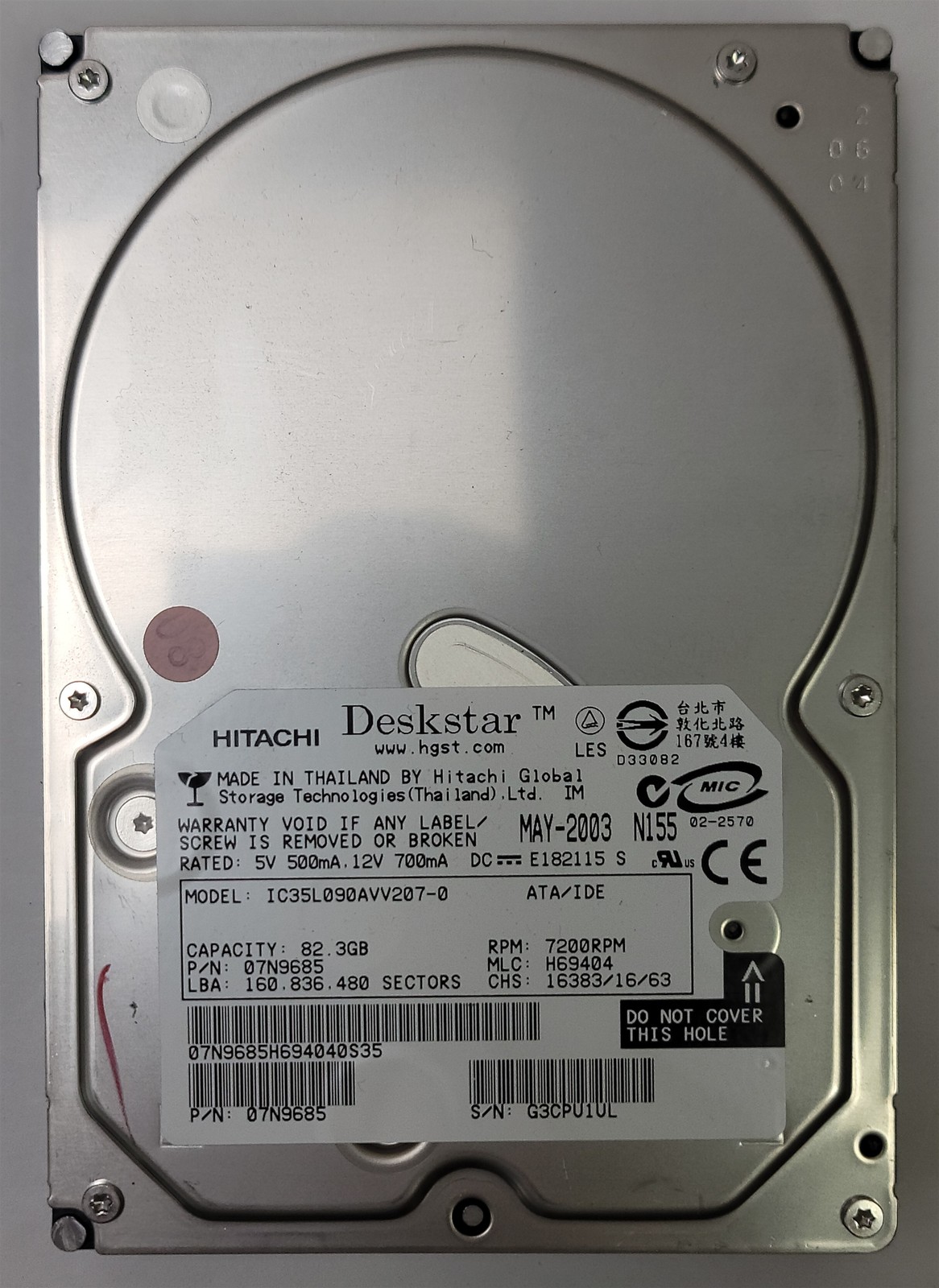 IBM IC35L090AVV207-0 HDD , 3.5" , 82.3 GB, IDE/ATA/ATAPI-6, tested w/ pics