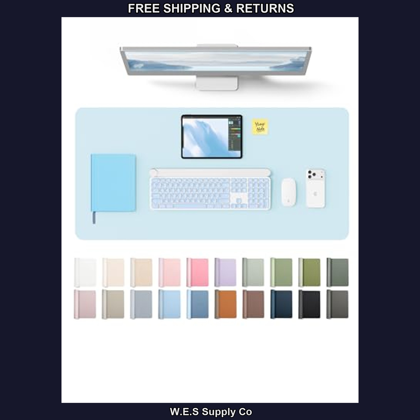YSAGi PU Leather Desk Protector, 31.5 x 15.8 Inch Office Mat - Baby Blue