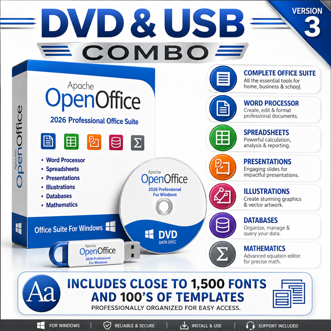 OpenOffice 2026 Office Suite DVD + USB for Windows Fonts Templates Included