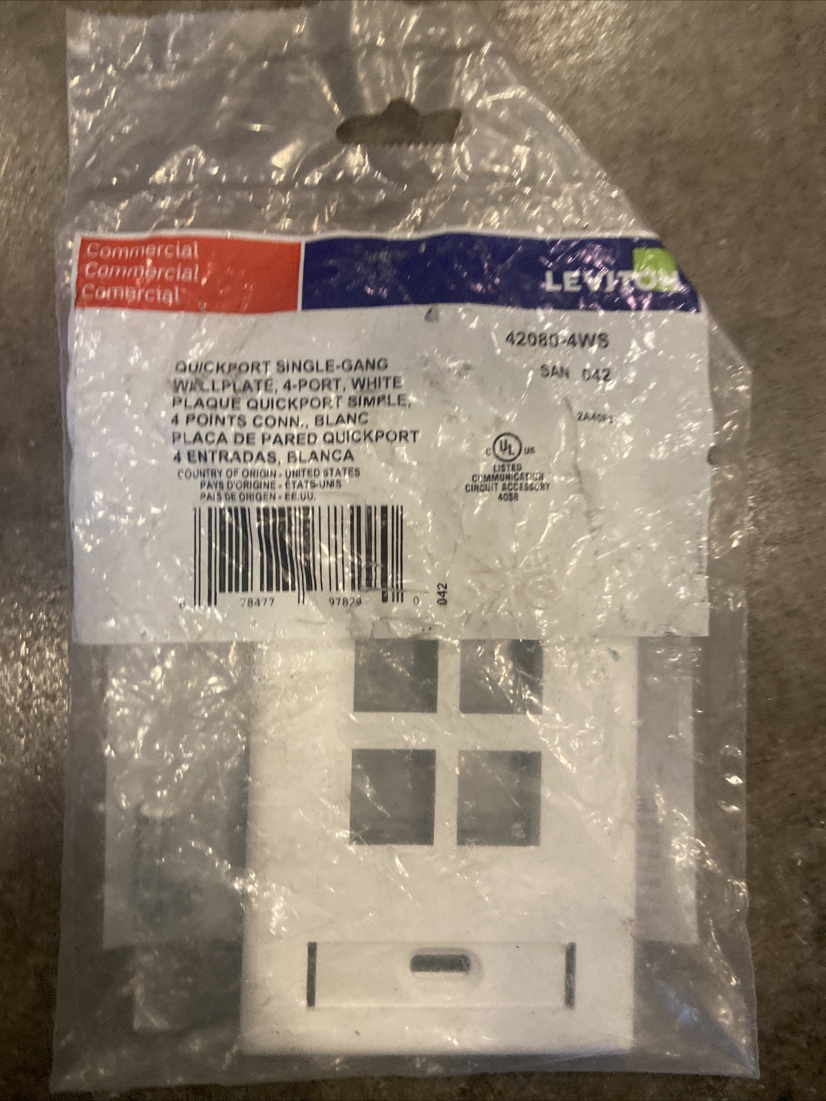 NEW & SEALED Leviton 4-Port QuickPort Single-Gang Wall Plate WHITE 42080-4WS