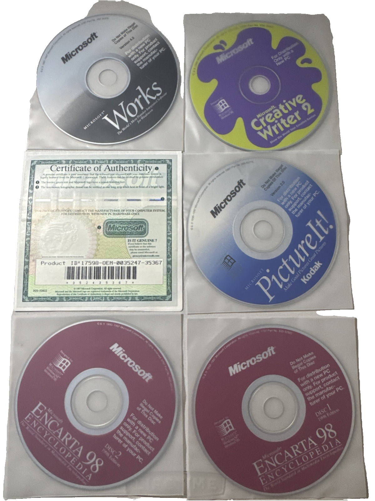 ​Microsoft Works 4.5 Encarta 98 Picture It Vintage PC Software COA OEM Bundle CD
