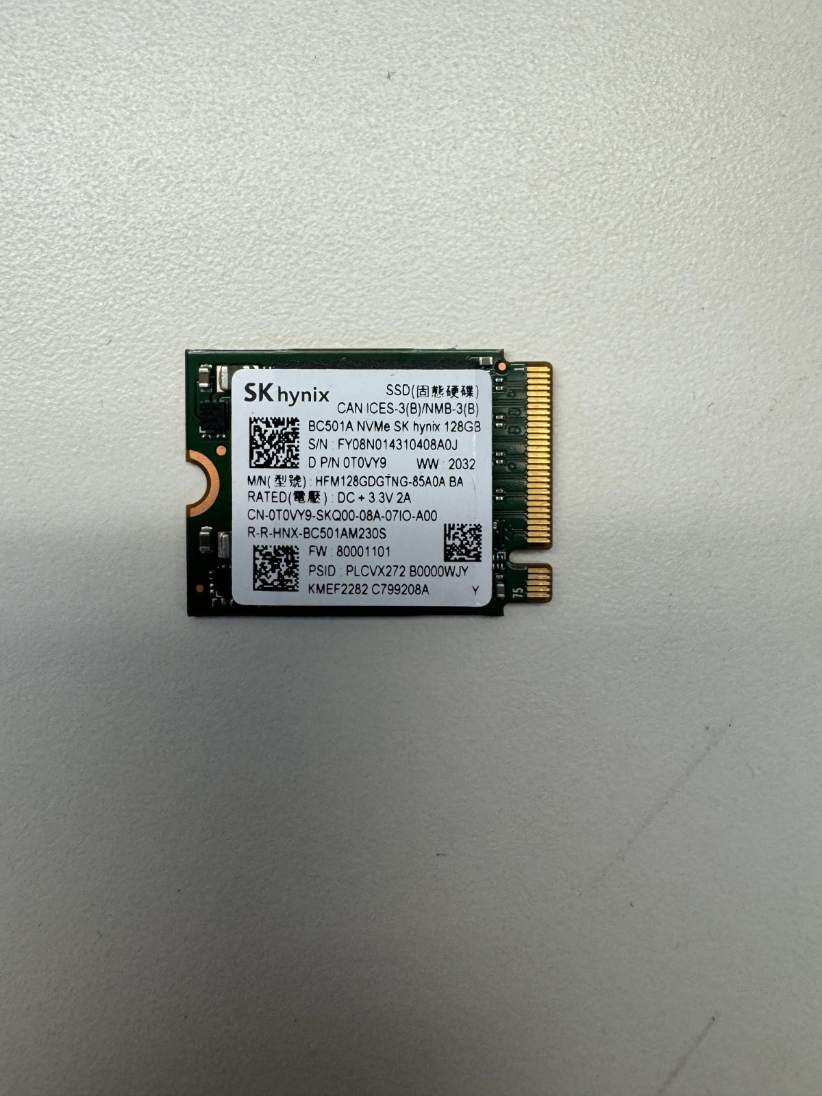 Lot of SK Hynix BC501A HFM128GDGTNG-85A0A 128GB NVMe M.2 2230 SSD (0T0VY9)