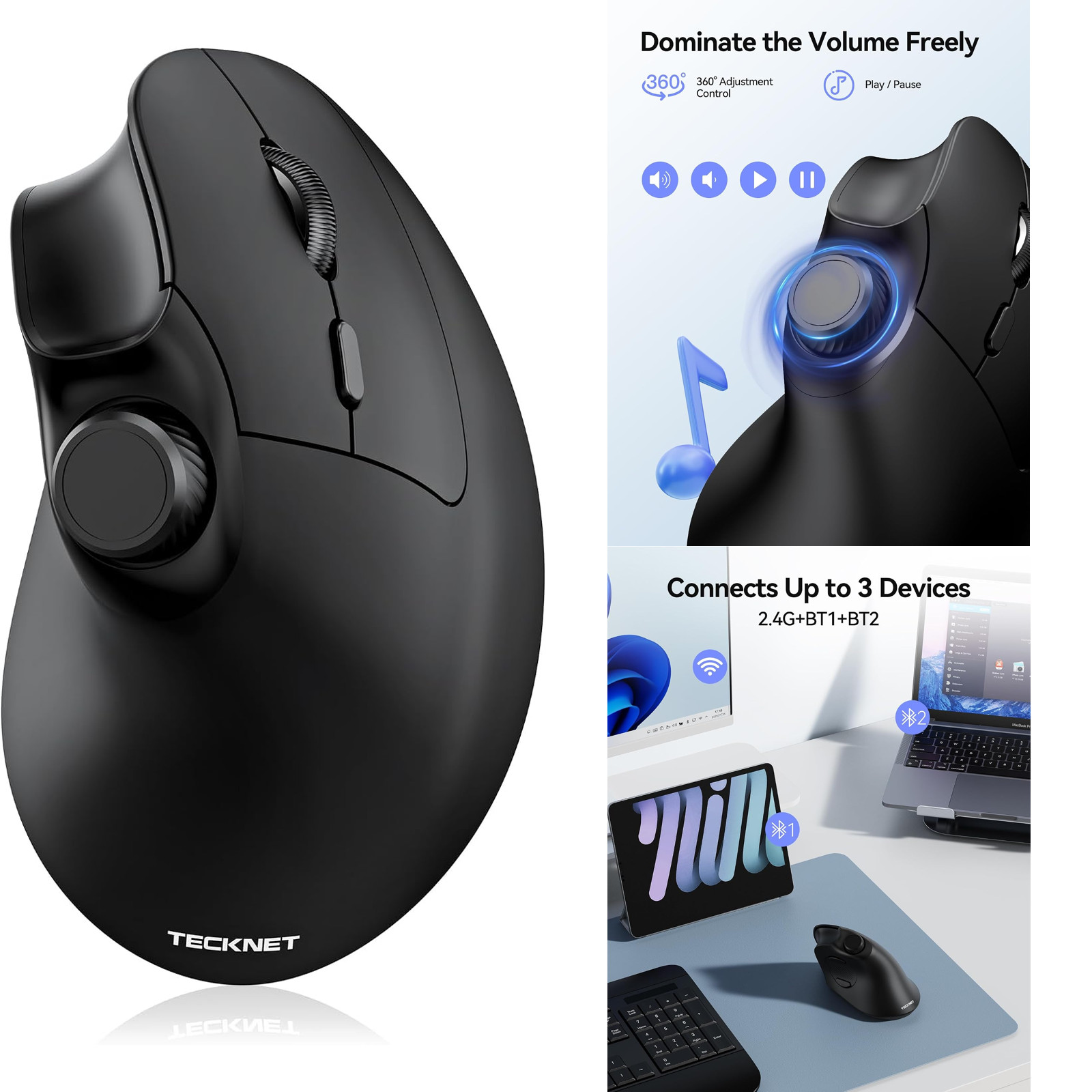 Ergonomic Mouse, Rechargeable Wireless Bluetooth Mouse (BT 5.0/5.0+2.4G