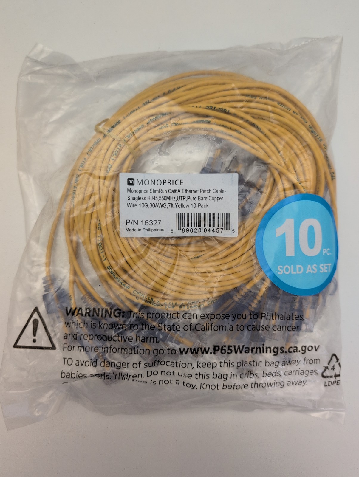Monoprice 10-Pack SlimRun Cat6A Ethernet Network Patch Cable Yellow 16327 10pc