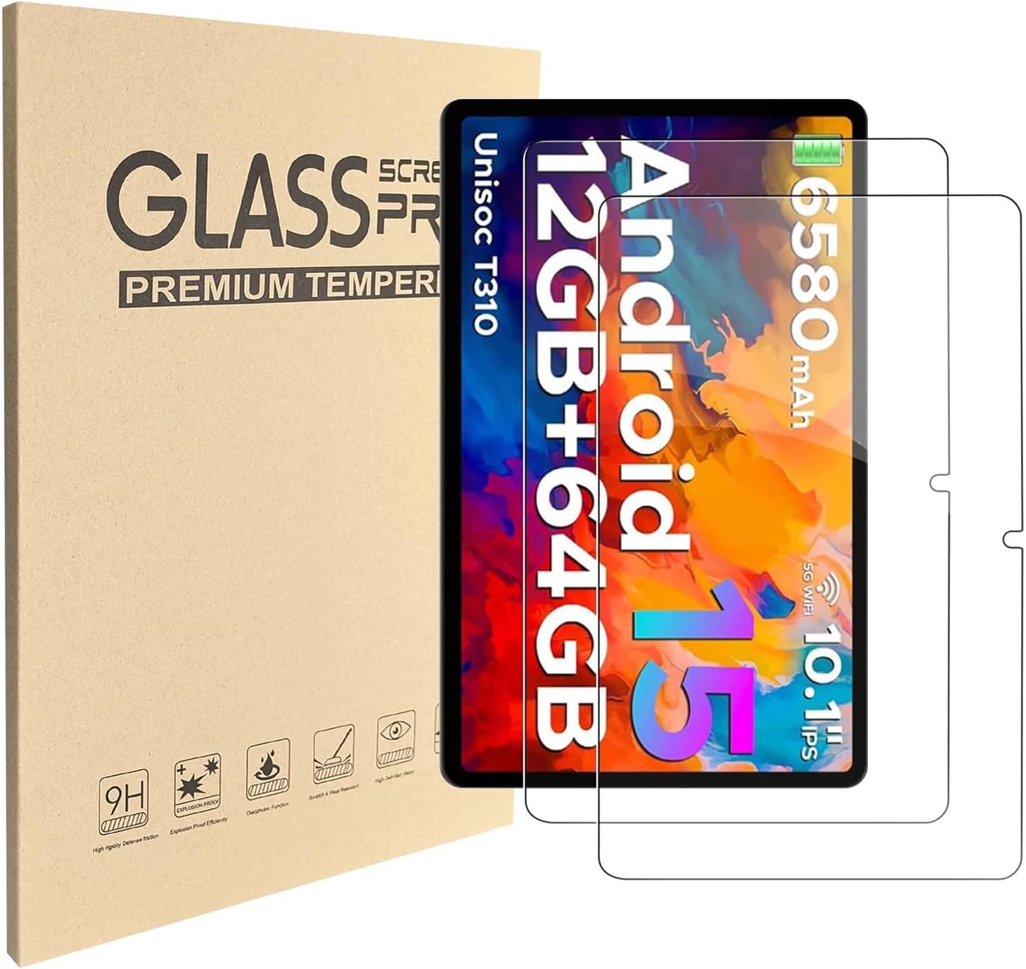 2 Pack 10 inch Android Tablet Screen Protector 9H Tempered Glass Film Guard