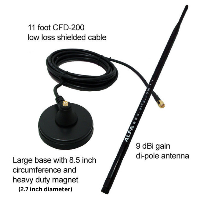 Alfa ARS-N19 9 dBi omni antenna +Heavy Duty Magnet Dock Base +11 ft CFD200 cable