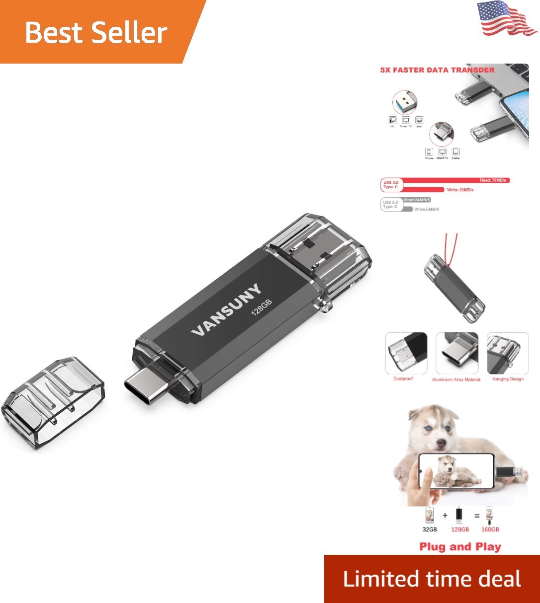Versatile 128GB USB C Flash Drive - Perfect for Smartphones, Laptops & Tablets