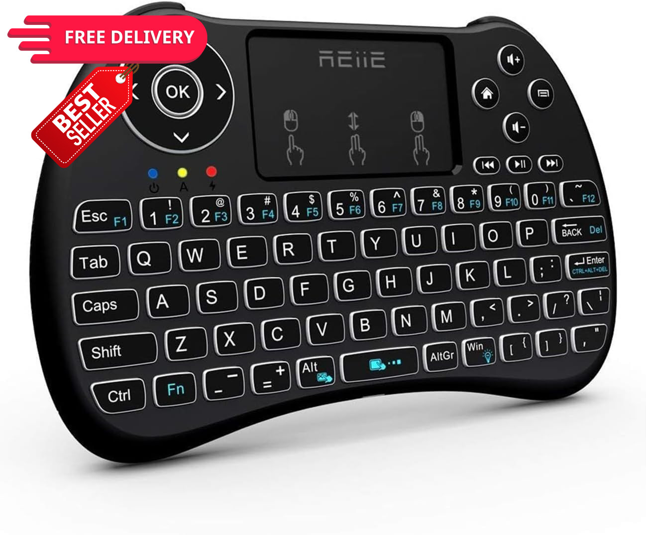 (Backlit Version)REIIE H9+ Mini Keyboard,2.4GHz Wireless Handheld Black