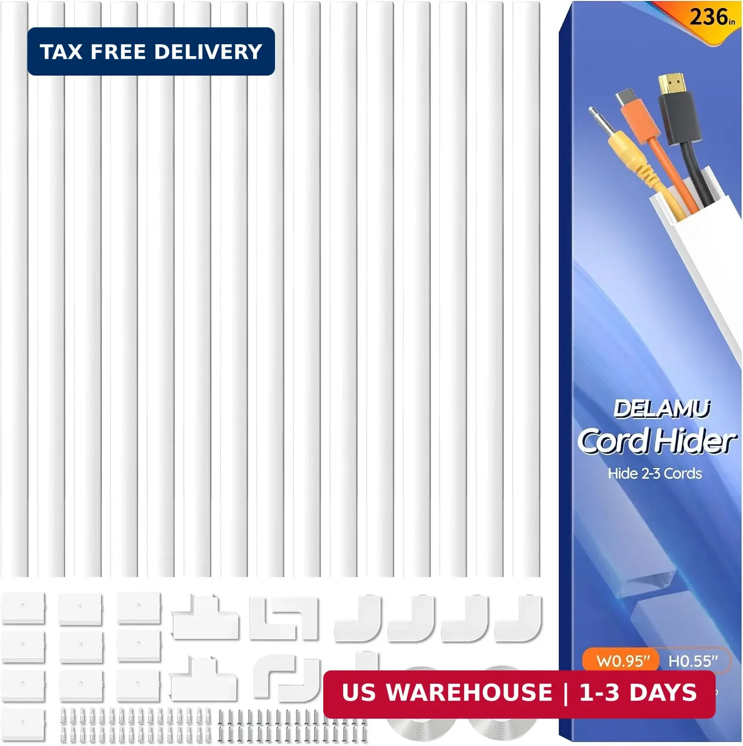 Delamu 236in Cord Hider, Professional Cable Cover Kit for Wall, TV Wire Hider fo