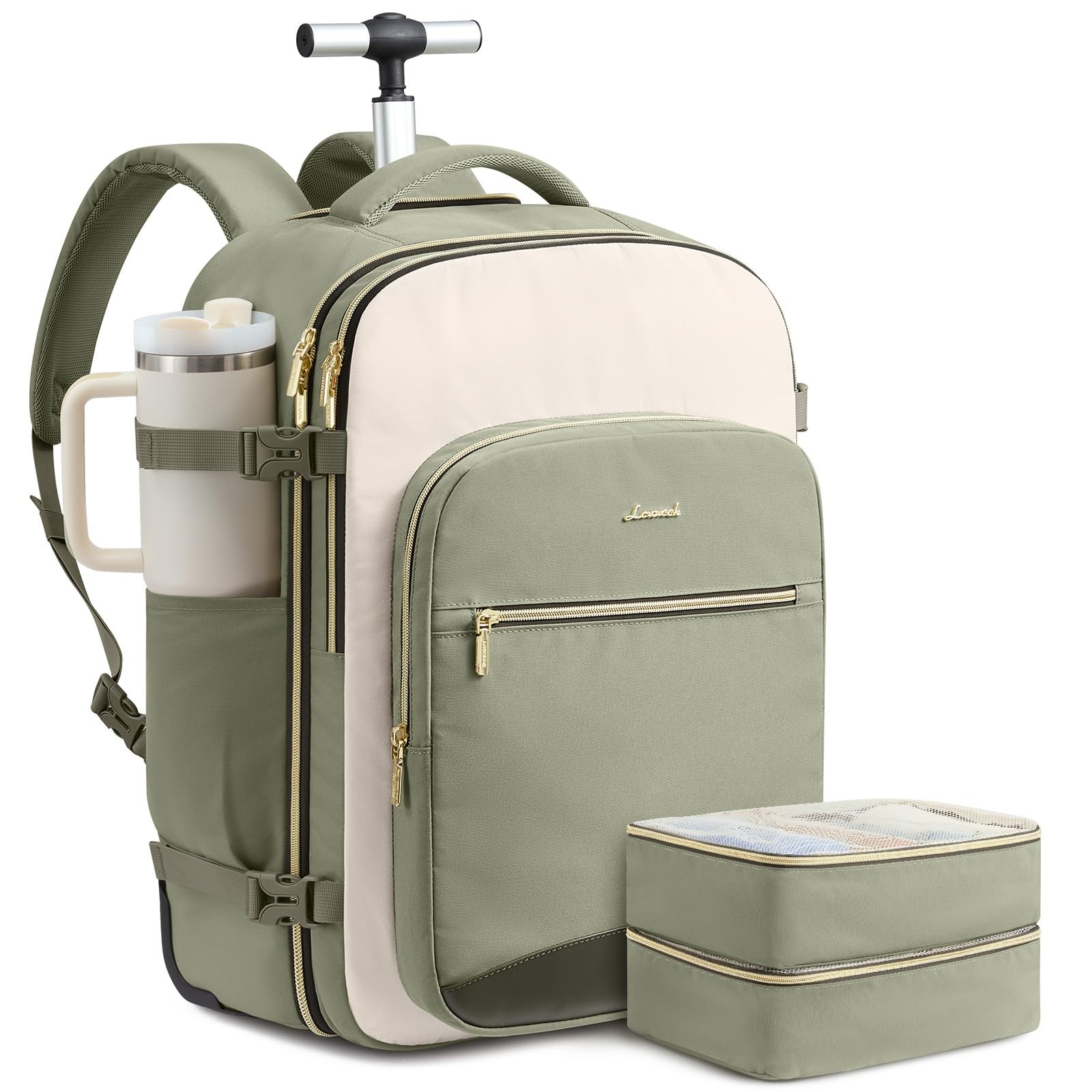 LOVEVOOK Rolling Backpack 56L-3Pcs-Luggage, Light Green-beige-olive Green