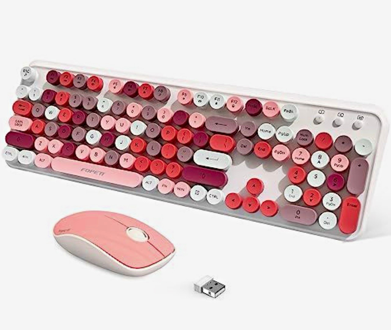 FOPETT EK2030 Wireless Keyboard Mouse Combo 2.4GHz USB Ergonomic QWERTY Pink
