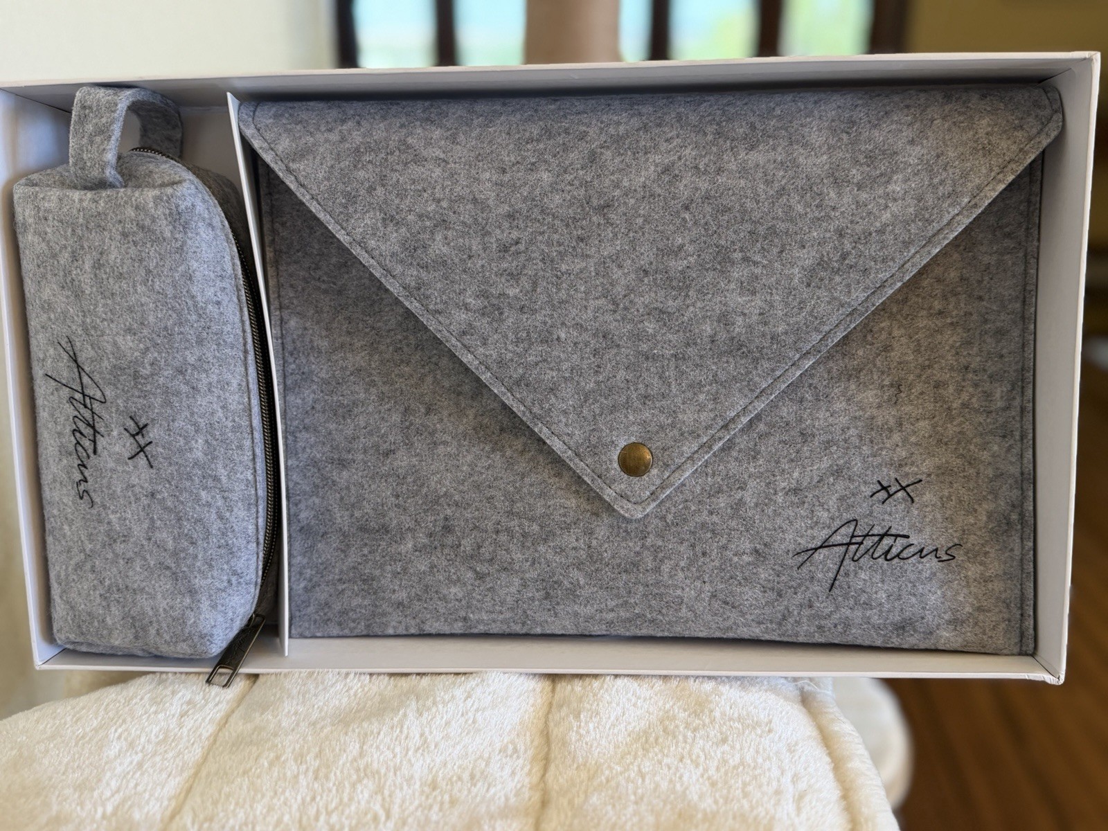 Atticus Gray Wool Felt iPad Tablet Sleeve Envelope Case Set With Cord Pouch