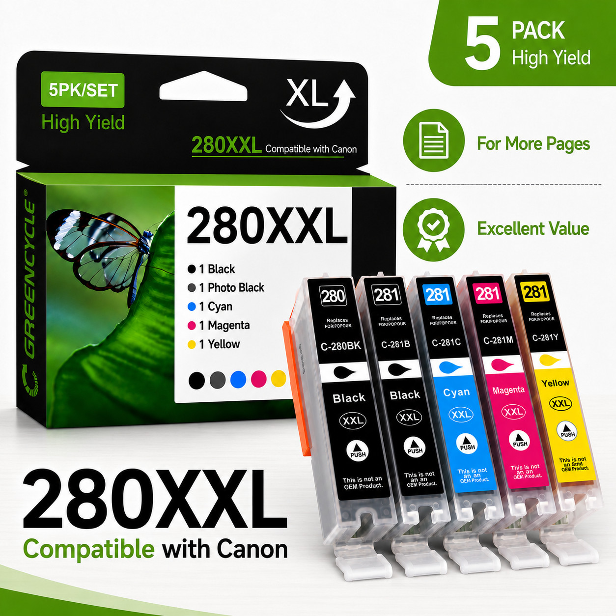 5PK PGI-280XXL CLI-281XXL Ink Cartridge Replacement for Canon PIXMA TR8620a