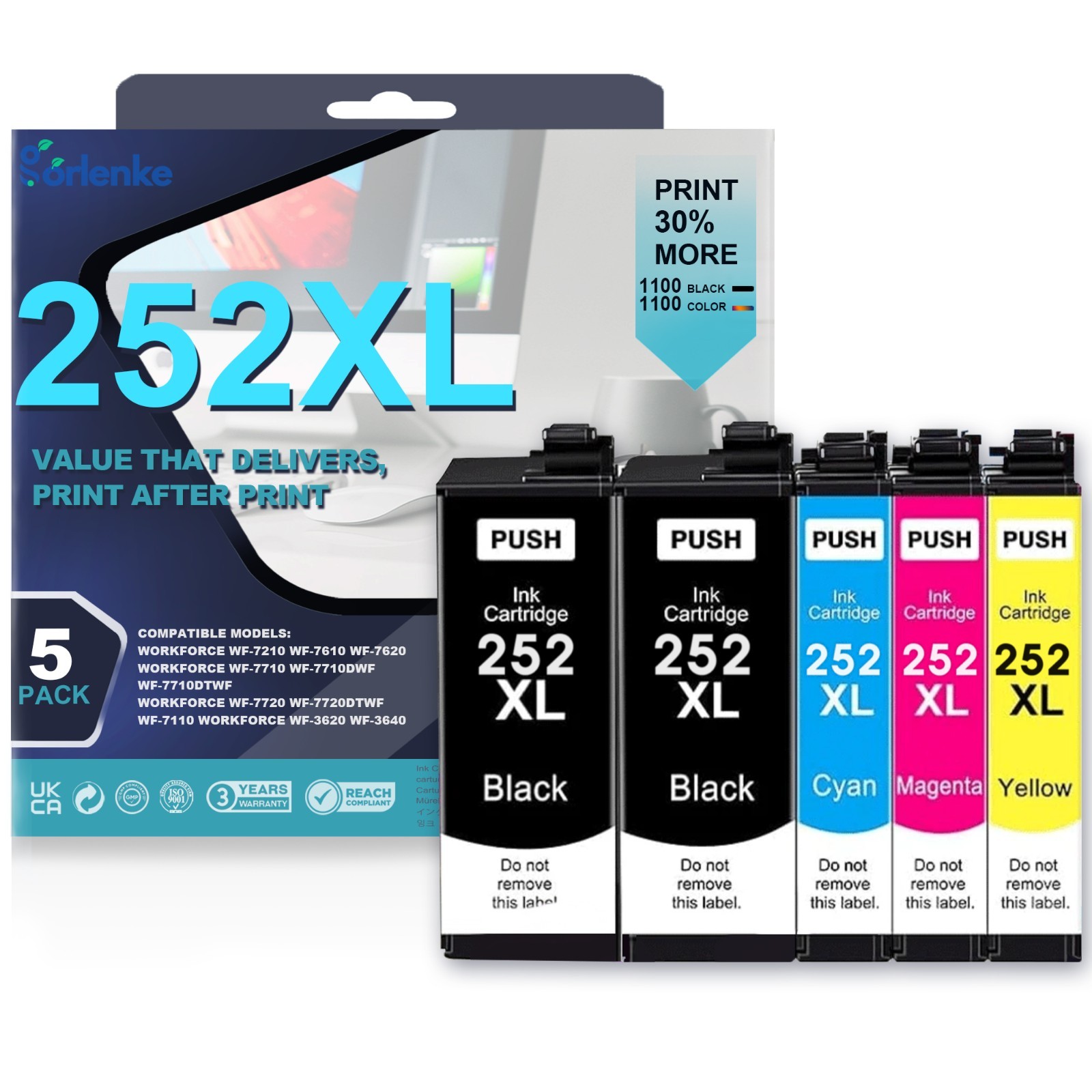 5 Pack 252XL Ink Cartridge for Epson 252 Ink work with WF-3620 WF-3640 WF-7110
