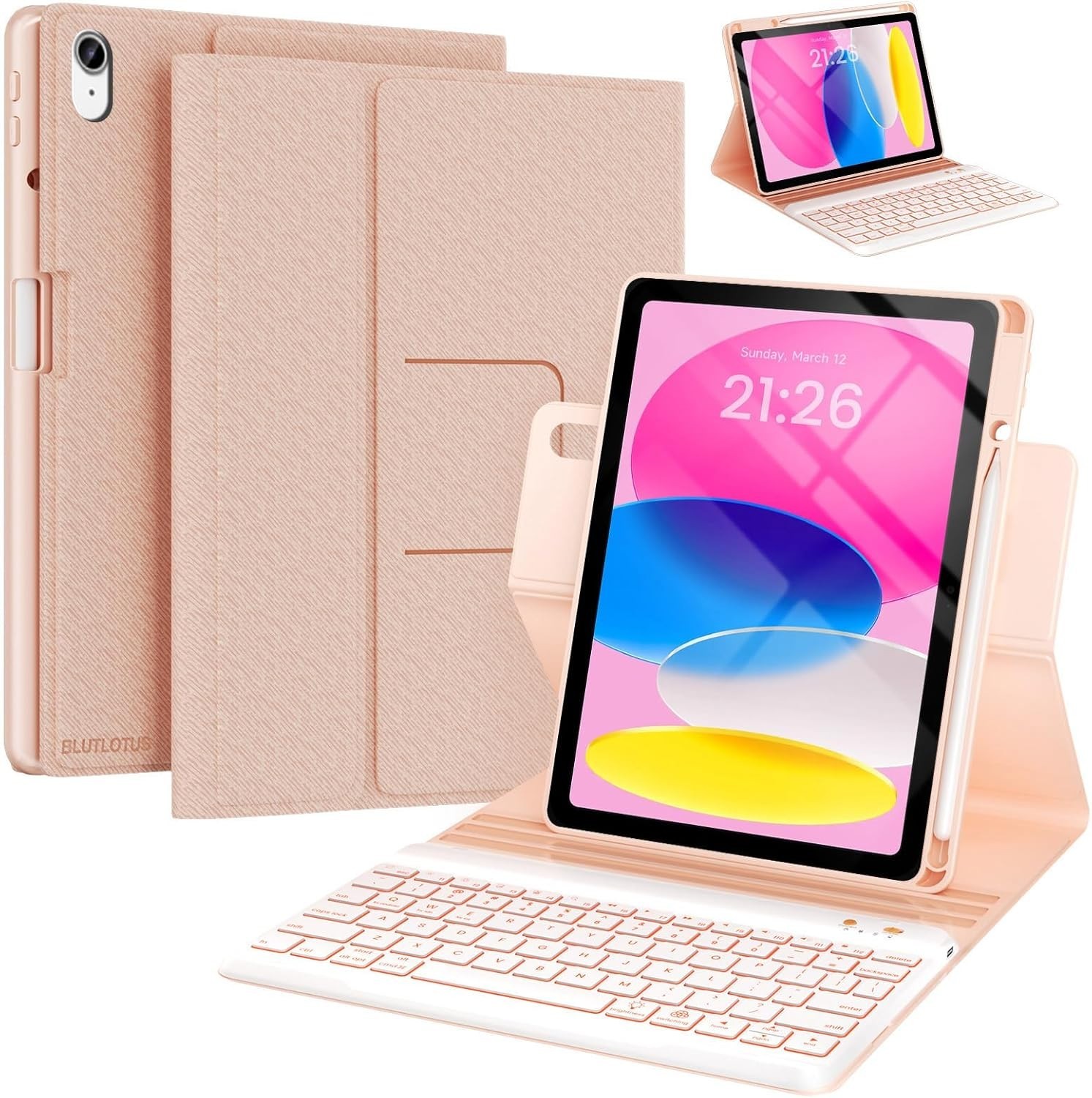 BLUTLOTUS iPad 10th Gen 10.9 Keyboard Case Backlit Rotating Rose Gold