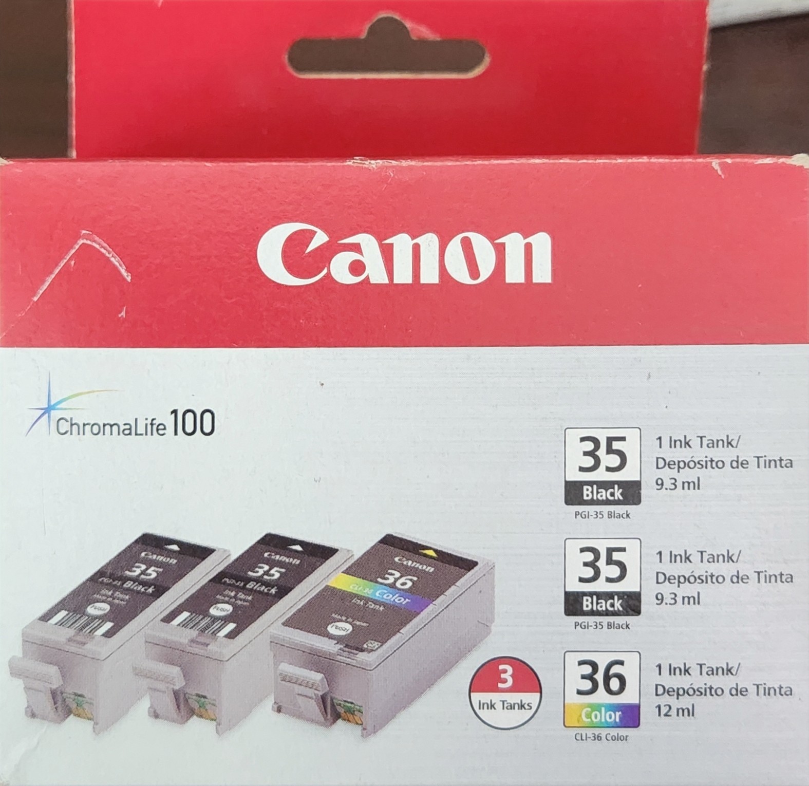 Genuine Canon PGI-35 + CLI-36 - 2 Black & 1 Color Ink Cartridges - 3 Ink Tanks