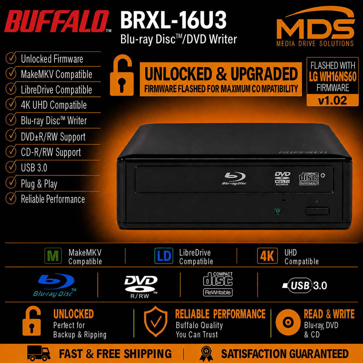 Buffalo BRXL-16U3, 4K UHD, Firmware Flashed, Unlocked, LibreDrive, MakeMKV