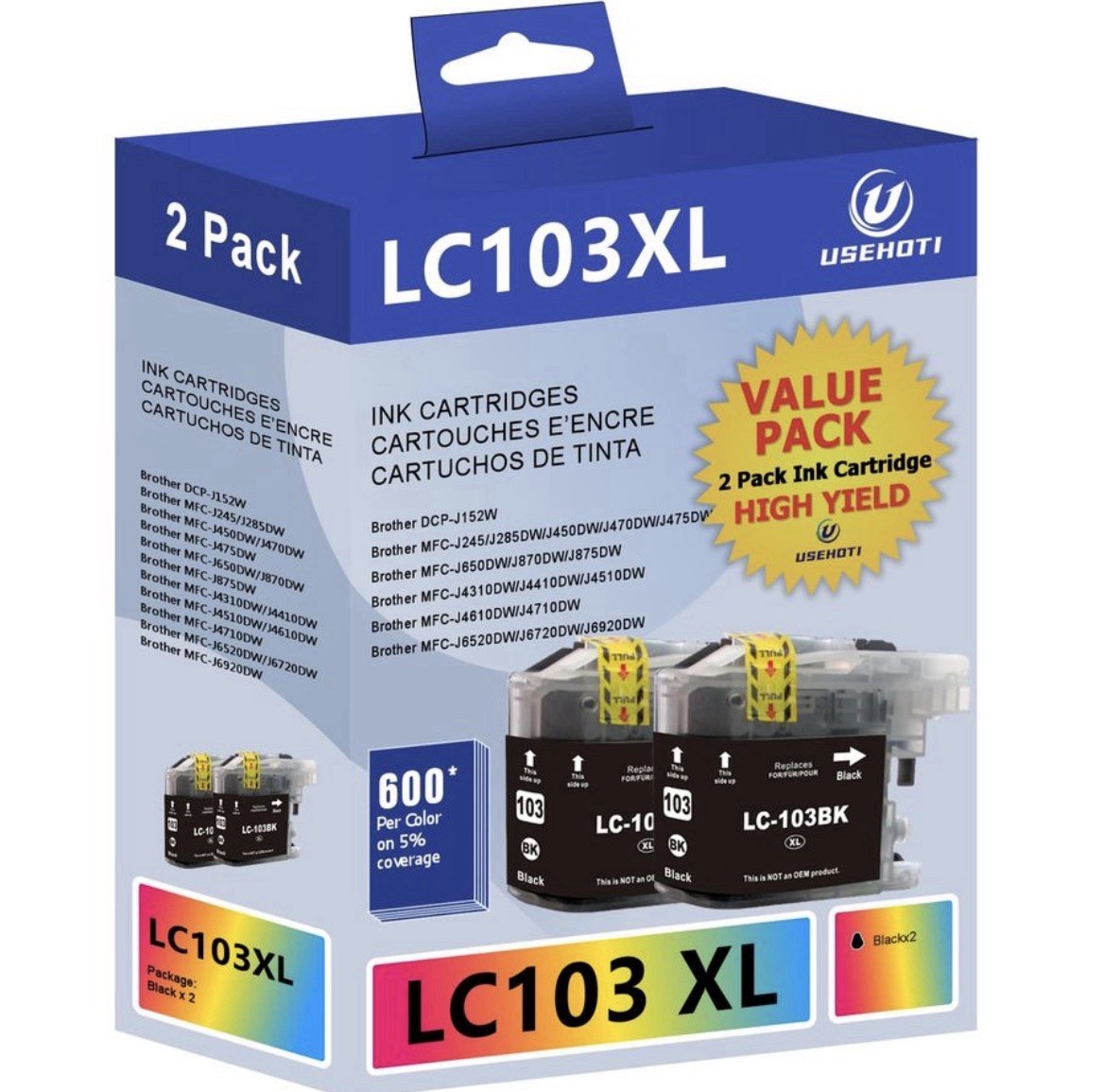 LC103XL Black Ink Cartridge 2 Pack Compatible for Brother MFC J470DW J475DW XL