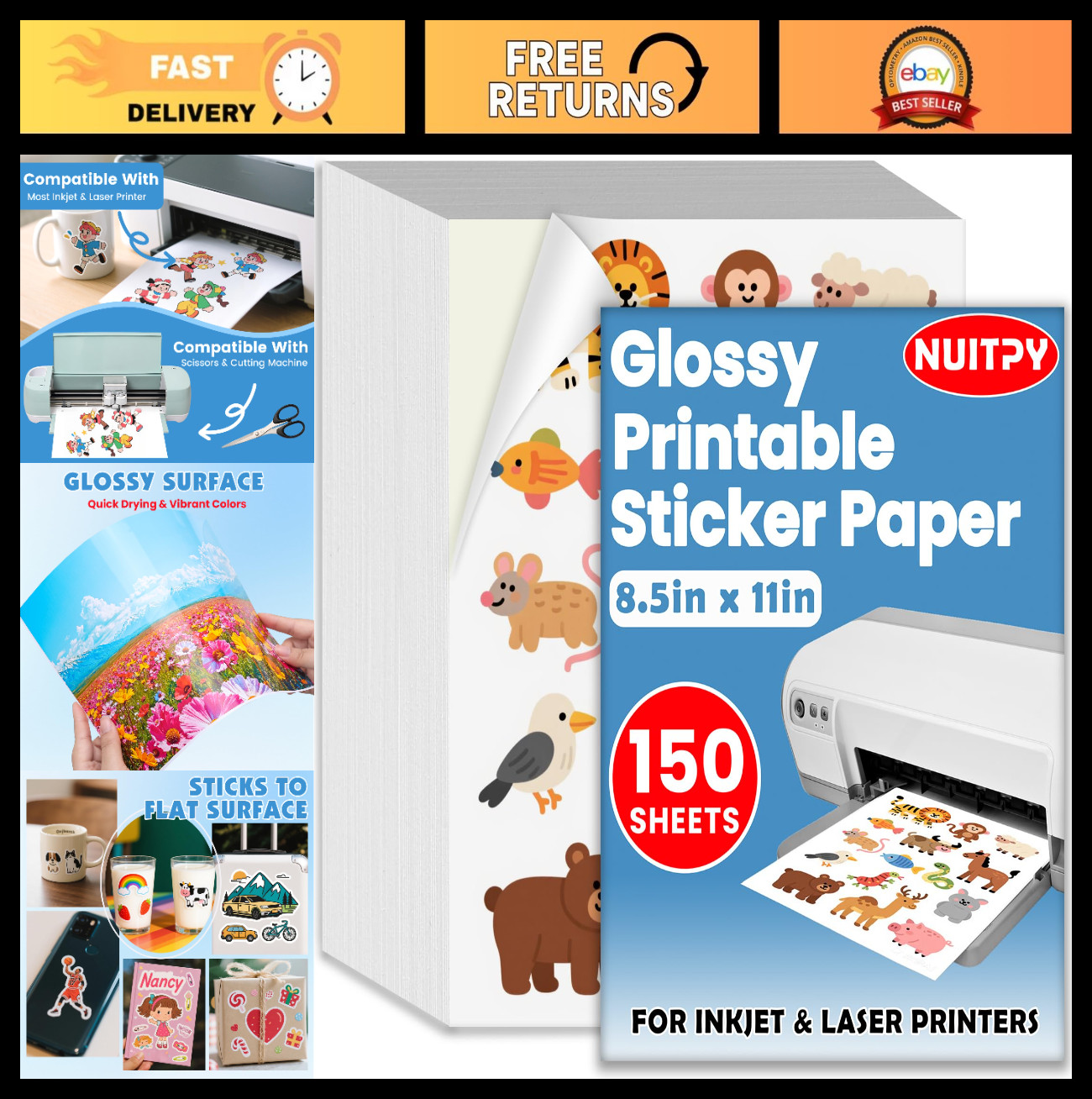 150 Sheets Glossy Sticker Paper 8.5"x11" for Inkjet & Laser Printers, Quick-Dry,