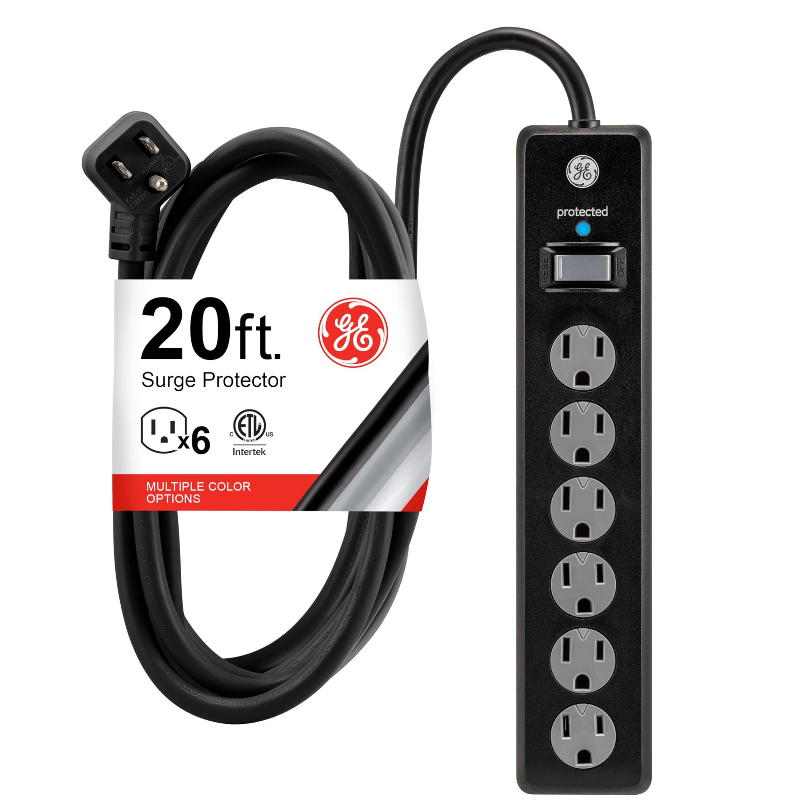 Ge 6-Outlet Surge Protector 20 Ft Extension Cord Power Strip 800 Joules Flat