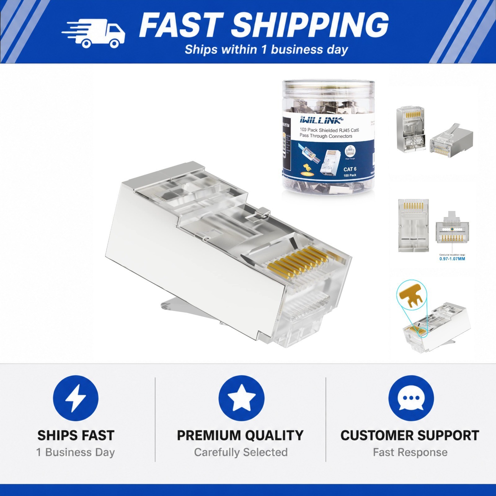 100-Pack Shielded RJ45 Cat6 Pass-Through Connectors